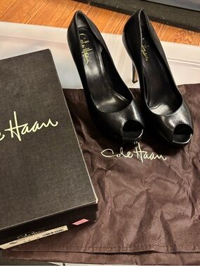 Cole Haan Black Leather Peep-Toe Pumps